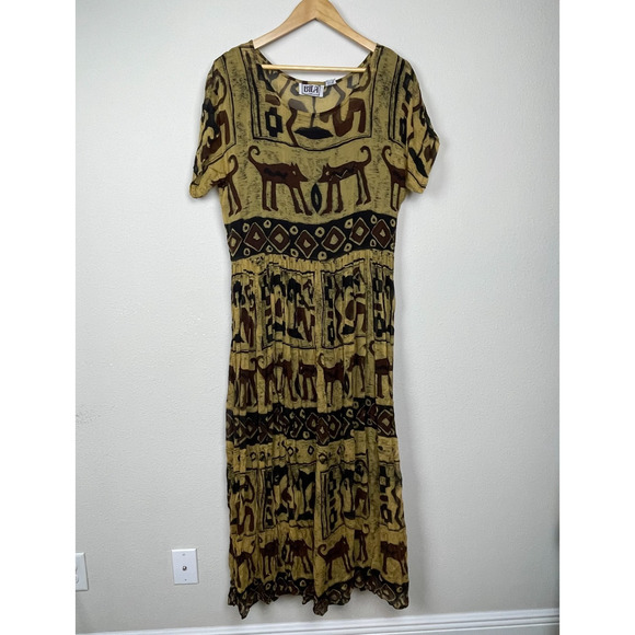 Vintage Bila Boho Maxi Dress L Aztec Print Crinkle Chiffon Lined Artsy - Picture 1 of 6